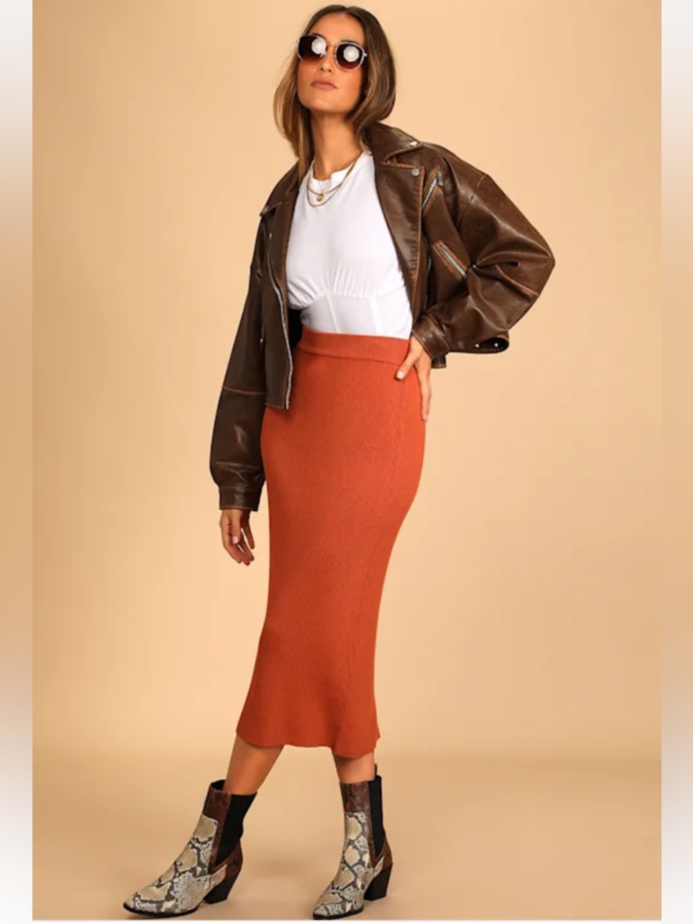 Lulu's Ribbed High-Waist Midi Skirt in Rust Orange - Picture 2 of 8